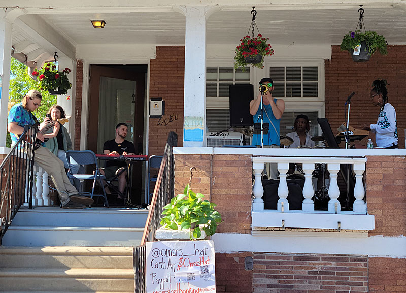 Trumpeter Eric Sherman is front and center during the performance by Omar's Hat during Porchfest 2022 at the Paul Robeson House & Museum, June 4, 2022.