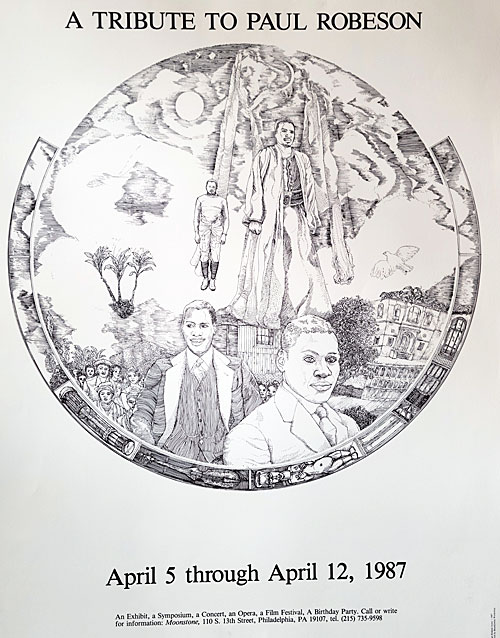 First Paul Robeson Festival poster, 1987. Drawing by artist Roland Ayers, printed at Brandywine Workshop.