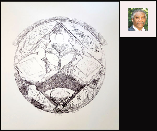 Roland Ayers' "Originating," a pen-and-ink drawing donated by Larry Robin. At right is a photo of Ayers.