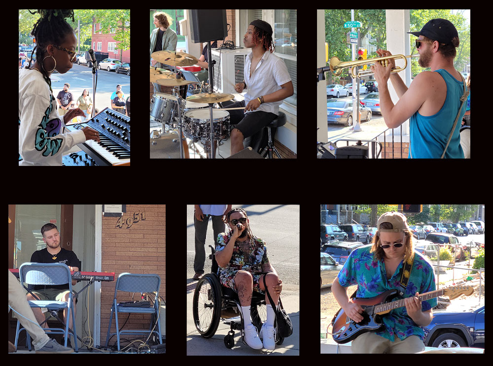 Omar's Hat performers at Porchfest 2022, Robeson House: Top row, from left: Kayla Childs, Cam Cephas and Eric Sherman. Bottom row, from left: Max Hoenig, singer Ryan Gilfillian and Ajay Shughart. Gilfillian, not a member, often sings with the band.