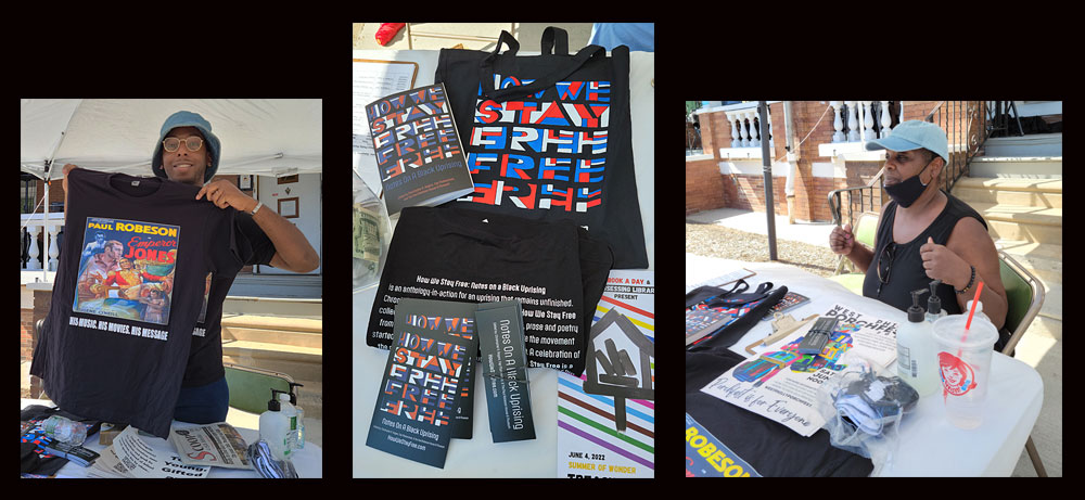 Robeson House swag, administered by volunteers Tafari Robertson and Denise Campbell during Porchfest 2022 at the Paul Robeson House & Museum, June 4, 2022.