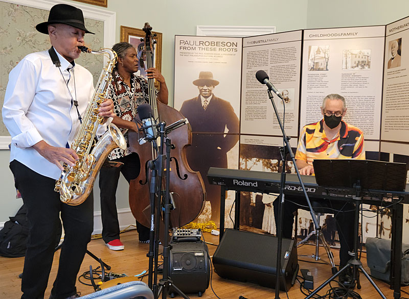 The Afro Jazz Trio perform at the Paul Robeson House & Museum, Sept. 11, 2022. From left, Laurent Bass; Bert Harris, David Dzubinski.