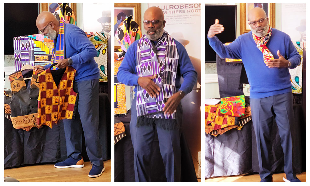 Roberto Rashid with several of his designs, including scarves and vests. 