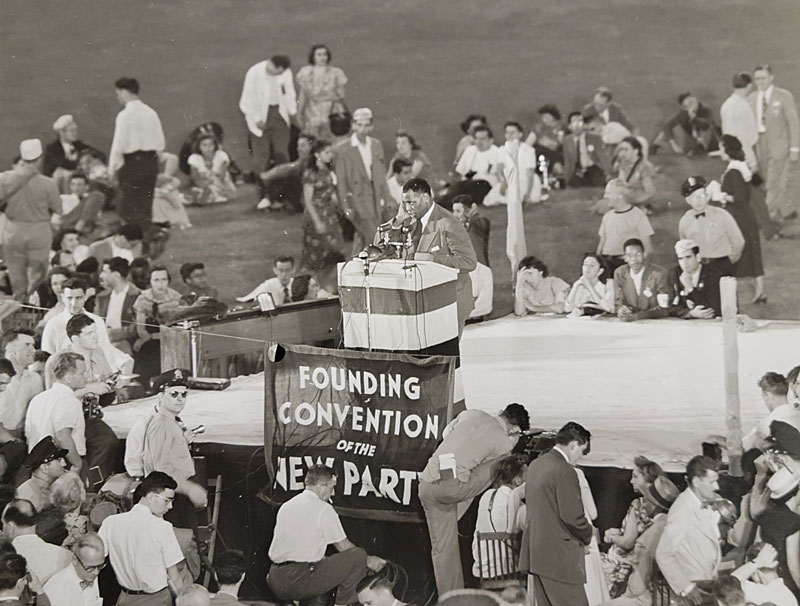 Paul Robeson speaks to thousands in 1948 at Shibe Park baseball stadium in Philadelphia during the nomination of Progressive Party candidate Henry A. Wallace for the U.S. presidency. Photo by Johnston in the Charles L. Blockson Afro-American Collection at Temple University.