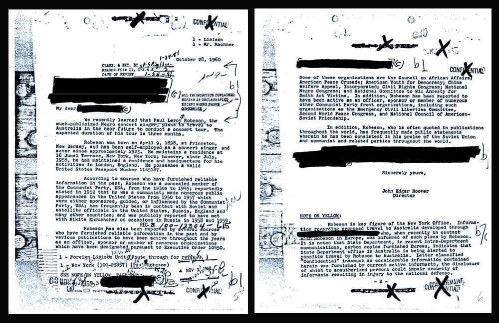 Part of an FBI report on the decades-long surveillance of Paul Robeson. It did not end until he died in 1976.